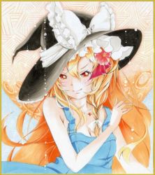 Rule 34 | 1girl, bad id, bad pixiv id, bare shoulders, berry jou, blonde hair, bow, braid, female focus, flower, hair flower, hair ornament, hat, hat bow, kirisame marisa, long hair, shikishi, side braid, solo, touhou, traditional media, witch, witch hat