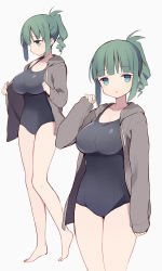 Rule 34 | 1girl, barefoot, blush, breasts, collarbone, green eyes, green hair, highres, hood, hoodie, itsumi (itumiyuo), large breasts, looking at viewer, new school swimsuit, one-piece swimsuit, open clothes, open hoodie, open mouth, ponytail, saki (manga), school swimsuit, short hair, sidelocks, simple background, sleeves past wrists, solo, swimsuit, takimi haru, white background