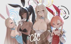 Rule 34 | 4girls, akane (blue archive), akane (bunny) (blue archive), alternate costume, animal ears, aqua bow, aqua bowtie, asuna (blue archive), asuna (bunny) (blue archive), bare shoulders, black-framed eyewear, black hair, black leotard, blue archive, blue eyes, blue neckwear, blue ribbon, blush, bow, bowtie, braid, braided ponytail, breast envy, breasts, brown eyes, brown hair, brown legwear, cleavage, clenched teeth, closed mouth, commentary, covered navel, curvy, dark-skinned female, dark skin, detached collar, english commentary, fake animal ears, fishnet legwear, fishnets, glasses, gloves, grey background, hair between eyes, hair over one eye, hair ribbon, halo, highleg, highleg leotard, jacket, karin (blue archive), karin (bunny) (blue archive), large breasts, leotard, long hair, looking at viewer, mole, mole on breast, mole under eye, multiple girls, neru (blue archive), neru (bunny) (blue archive), number tattoo, official alternate costume, orange eyes, pantyhose, playboy bunny, ponytail, rabbit ears, rabbit tail, red leotard, ribbon, shiny clothes, shiny skin, shoulder tattoo, simple background, skeptycally, small breasts, smile, tail, tattoo, teeth, traditional bowtie, twitter username, very long hair, white gloves, wide hips