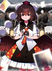 Rule 34 | 1girl, absurdres, black hair, black skirt, black wings, blood, blood on camera, blood on clothes, blush, closed mouth, collared shirt, feathered wings, frilled skirt, frills, hair between eyes, hakurei reimu, hat, highres, photo (object), pom pom (clothes), red eyes, red hat, shameimaru aya, shirt, short hair, short sleeves, skirt, solo, tokin hat, touhou, white shirt, wings, you (noanoamoemoe)