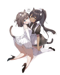 Rule 34 | 2girls, ?, absurdres, animal ear fluff, apron, bare legs, black dress, black footwear, blue eyes, blush, brown eyes, brown hair, cat girl, cat tail, clothes lift, commentary request, dark-skinned female, dark skin, detached sleeves, dress, dress lift, full body, high heels, highres, kneeling, lifted by tail, long hair, long sleeves, looking at viewer, maid, medium hair, multiple girls, one side up, open mouth, original, panties, parted lips, ponytail, puffy short sleeves, puffy sleeves, shin no tenpii, shoes, short sleeves, simple background, speech bubble, spoken question mark, tail, thighhighs, underwear, white apron, white background, white dress, white legwear, white panties