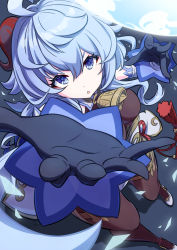 Rule 34 | 1girl, absurdres, ahoge, arms up, bell, black gloves, blue hair, breasts, close-up, detached sleeves, ehirorotoon, from above, ganyu (genshin impact), genshin impact, gloves, gold trim, highres, horns, long hair, looking at viewer, neck bell, orb, pelvic curtain, purple eyes, sidelocks, solo, tassel, white sleeves