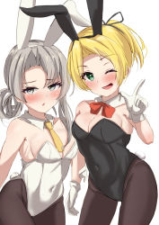 Rule 34 | 1girl, absurdres, animal ears, asymmetrical hair, black leotard, black pantyhose, blonde hair, blush, bow, bowtie, breasts, bunny day, commentary request, covered navel, detached collar, fake animal ears, flipped hair, gloves, green eyes, grey eyes, grey hair, highres, index finger raised, kantai collection, leotard, looking at viewer, maikaze (kancolle), necktie, nose blush, nowaki (kancolle), one eye closed, pantyhose, parted bangs, playboy bunny, ponytail, rabbit ears, rabbit tail, red bow, red bowtie, sakura ab, scrunchie, short hair, simple background, small breasts, solo, strapless, strapless leotard, swept bangs, tail, white background, white gloves, white leotard, yellow necktie