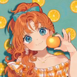 Rule 34 | 1girl, :3, bare shoulders, blue eyes, bow, check copyright, copyright request, dress, earrings, flower earrings, food, fruit, hair bow, head tilt, highres, jewelry, looking at viewer, necklace, off-shoulder dress, off shoulder, orange (fruit), orange hair, orange slice, original, patterned background, ring, sakura yuki (clochette), smile, solo