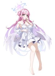 Rule 34 | 1girl, absurdres, angel wings, blue archive, blush, breasts, cleavage, closed mouth, collarbone, commentary, crescent, crescent pin, dress, feathered wings, full body, halo, highres, jacket, long hair, long sleeves, medium breasts, mika (blue archive), open clothes, open jacket, pink hair, pink halo, simple background, smile, solo, white background, white dress, white jacket, white wings, wings, wstmlisa, yellow eyes