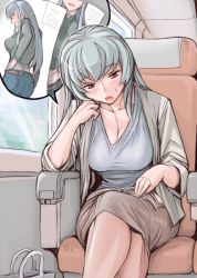 Rule 34 | 00s, 1girl, aged up, breasts, casual, cleavage, crossed legs, denim, glasses, head rest, jeans, large breasts, magazine (object), pants, pantyhose, reading, rozen maiden, silver hair, sitting, sleeves rolled up, suigintou, train, train interior, tsuda nanafushi