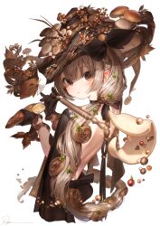 Rule 34 | 1girl, :t, autumn, autumn leaves, back, baguette, black dress, blush, bow, bread, brown eyes, brown hair, closed mouth, dress, eating, food, fruit, grey hair, hair between eyes, hair ornament, hat, highres, leaf, leaf hair ornament, leaf on head, long hair, looking at viewer, mushroom, original, ryota (ry o ta), signature, simple background, solo, upper body, very long hair, white background