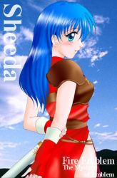 Rule 34 | 1girl, aqua eyes, blue eyes, blue hair, blush, caeda (fire emblem), character name, cloud, copyright name, eyebrows, female focus, fingerless gloves, fire emblem, gloves, hissaa (starlight express), long hair, looking at viewer, looking back, matching hair/eyes, nintendo, no panties, outdoors, photo background, side slit, sky, solo