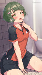 1girl absurdres bathroom blush breasts clothes collarbone collared_shirt covered_erect_nipples fingers_to_mouth fish_hair_ornament green_eyes green_hair hair_ornament highres kanikatsuya looking_at_viewer on_floor orange_shirt original panties restroom shirt short_hair shorts sitting small_breasts socks solo solo_focus sportswear string_panties sweat thighs toilet tongue two-tone_shirt underwear urinal