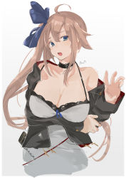 Rule 34 | 1girl, ahoge, artist name, black choker, black jacket, blonde hair, blue eyes, blue ribbon, breasts, choker, cleavage, collarbone, crossed arms, dress straps, fal (girls&#039; frontline), girls&#039; frontline, grey background, hair ribbon, hand up, highres, jacket, large breasts, long hair, looking at viewer, open mouth, ribbon, solo, sutekina awa