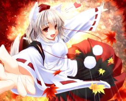 Rule 34 | 1girl, animal ears, autumn, detached sleeves, fang, female focus, foreshortening, gizensha, hat, inubashiri momiji, leaf, maple leaf, outstretched arms, red eyes, short hair, silver hair, smile, solo, spread arms, tokin hat, touhou, wallpaper, wolf ears