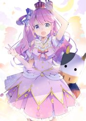 Rule 34 | 1girl, arm up, bad id, bad pixiv id, blush, bracelet, candy hair ornament, commentary request, crown, dress, earrings, food-themed hair ornament, hair ornament, hair rings, heterochromia, himemori luna, himemori luna (1st costume), hololive, jewelry, long hair, looking at viewer, nekopote, open mouth, pink dress, pink hair, purple eyes, ribbon, short sleeves, striped ribbon, virtual youtuber, w