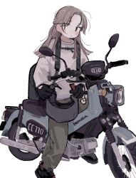 1girl absurdres blush brown_eyes brown_hair closed_mouth gloves highres holding long_hair long_sleeves motor_vehicle motorcycle original pants solo standing white_background yunoki_itsugu