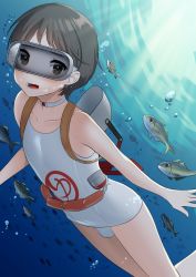 Rule 34 | 1girl, 6+others, akagi kurage, black hair, brown eyes, choker, diving, diving mask, diving mask on head, flotation belt, goggles, goggles on head, highres, kantai collection, light rays, looking at viewer, lower teeth only, maru-yu (kancolle), multiple others, one-piece swimsuit, open mouth, parted bangs, school swimsuit, short hair, sunbeam, sunlight, swimsuit, teeth, underwater, white choker, white one-piece swimsuit, white school swimsuit