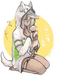 Rule 34 | 1girl, animal, cape, clover, dark skin, dark-skinned female, dog, four-leaf clover, guilty gear, guilty gear xrd, hood, looking at viewer, maka (morphine), new year, orange eyes, ramlethal valentine, solo, translation request, white background, white hair