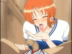Rule 34 | animated, animated gif, breasts, brown eyes, censored, cleavage, cum, cum in mouth, facial, fellatio, handjob, hitsuki, large breasts, lowres, nami (one piece), one piece, oral, orange hair, penis, pirate, short hair