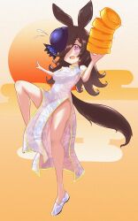 Rule 34 | 1girl, animal ears, bamboo steamer, black hair, blue hat, dress, egasumi, flats, floral print, flying sweatdrops, frown, hair over one eye, hat, hatoya (user addr8334), highres, holding, horse ears, horse girl, horse tail, leg up, legs, long dress, long hair, looking at viewer, motion lines, open mouth, pelvic curtain, pink eyes, print dress, rice shower (umamusume), short sleeves, side slit, solo, standing, standing on one leg, tail, textless version, tilted headwear, umamusume, white dress, white footwear
