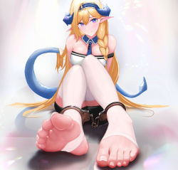 Rule 34 | 1girl, absurdres, arknights, armpit crease, bare shoulders, bike shorts, blonde hair, blue hairband, blue horns, blue necktie, blue tail, braid, breasts, demon horns, detached collar, dragon girl, dragon tail, feet, foot focus, foreshortening, hair between eyes, hairband, highres, horns, large breasts, legs together, long hair, looking at viewer, necktie, nervous smile, no shoes, pointy ears, purple eyes, reclining, saileach (arknights), shirt, sitting, smile, soles, stirrup legwear, strapless, suiryuu (18559651), tail, thighhighs, thighs, toeless legwear, toes, tube top, very long hair, white shirt, white thighhighs, wing collar