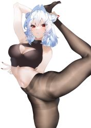 Rule 34 | 1girl, arm behind back, arm behind head, arm up, armpit crease, bare shoulders, black pantyhose, blue hair, breasts, brown pantyhose, candle, cleavage, cleavage cutout, closed mouth, clothing cutout, double bun, eyes visible through hair, fingernails, grey background, hair between eyes, hair bun, highres, holding, holding candle, ichibi, leg up, light blue hair, long fingernails, medium hair, multicolored hair, nail polish, navel, no shoes, original, panties, panties under pantyhose, pantyhose, red eyes, red nails, see-through, simple background, solo, thighband pantyhose, triangle cutout, two-tone hair, underwear, v, very long fingernails, white hair, white panties