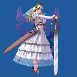 Rule 34 | 1girl, between breasts, blonde hair, blue background, breasts, copyright request, crown, detached sleeves, dress, drill hair, fantasy, female focus, frilled dress, frills, full body, green eyes, high heels, huge weapon, kouno (masao), large breasts, long hair, planted, planted sword, planted weapon, puffy sleeves, ribbon, sandals, scabbard, see-through, sheath, shoes, sideboob, sidelocks, simple background, solo, strap between breasts, sword, toeless footwear, toes, weapon, white dress