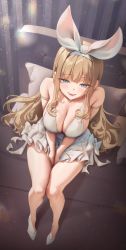 Rule 34 | 1girl, absurdres, arm strap, bare shoulders, between legs, blue eyes, blush, breasts, brown hair, cleavage, dress, from above, full body, hair ornament, hairband, hand between legs, highres, large breasts, long hair, muloli, original, parted lips, sideboob, sitting, smile, solo, thighs, white dress, white footwear, white hairband