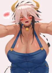 Rule 34 | animal ears, armpits, bell, blue overalls, blush, breasts, brown eyes, cathyl, commission, cow ears, cow girl, cow horns, cow tail, cowbell, cream cod, dark-skinned female, dark skin, highres, horns, huge breasts, monster musume no iru nichijou, naked overalls, open mouth, overalls, sweat, tail