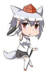 Rule 34 | 1girl, :&lt;, animal ears, arm up, bad id, bad pixiv id, bare shoulders, blush, breasts, chibi, detached sleeves, full body, hat, highres, inubashiri momiji, looking at viewer, medium breasts, open mouth, oruhuru, pom pom (clothes), red eyes, short hair, silver hair, solo, tail, tokin hat, touhou, transparent background, white background, white legwear, wolf ears, wolf tail
