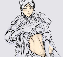 Rule 34 | 1girl, armor, bad id, bb (baalbuddy), blush, braid, female focus, grey background, inactive account, long hair, midriff, navel, partially colored, ravness loxaerion, simple background, solo, sweat, tactics ogre, undressing, very long hair