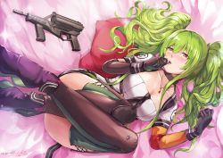 Rule 34 | 1girl, asymmetrical gloves, black footwear, black gloves, black neckerchief, blush, boots, breasts, bullet, calico light weapons systems, calico m950, calico m950a, cheek pistol, cleavage, double-stack magazine, full body, girls&#039; frontline, gloves, green hair, gun, hair between eyes, hand up, handgun, head tilt, helical magazine, high-capacity magazine, high heel boots, high heels, highres, hiroki ree, holding, jewelry, knees up, long hair, looking at viewer, lying, m950a (girls&#039; frontline), machine pistol, medium breasts, messy hair, neckerchief, necklace, on back, open mouth, pistol, shirt, sidelocks, signature, skirt, smile, solo, stubby grip, thighhighs, twintails, two side up, uneven gloves, vertical forward grip, weapon, yellow eyes