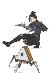 Rule 34 | 1girl, \n/, animification, apex legends, black bodysuit, black hair, black scarf, blue eyes, bodysuit, dual wielding, gloves, grey gloves, hair behind ear, hair bun, highres, holding, holding knife, knife, kunai, lin hai, looking to the side, loot tick, robot, scarf, science fiction, single hair bun, squatting, surprised, weapon, white background, wraith (apex legends)
