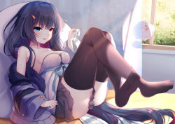 Rule 34 | 1girl, bare shoulders, bird, black thighhighs, blue eyes, blush, breasts, commentary request, curtains, feet, gu gu da mo wang, hair between eyes, hair ornament, hairclip, heterochromia, highres, holding, indoors, long hair, long sleeves, looking at viewer, medium breasts, no shoes, off shoulder, open mouth, original, pleated skirt, reclining, sidelighting, skirt, soles, thighhighs, very long hair, wide sleeves, window