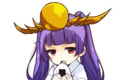 Rule 34 | 1girl, androgynous, animated, animated gif, blunt bangs, blush, eating, food, haori, headpiece, highres, holding, japanese clothes, long hair, open mouth, pikomarie, purple hair, puzzle &amp; dragons, red eyes, simple background, solo, twintails, white background, yomi (p&amp;d)