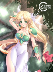 Rule 34 | 1girl, armor, armored dress, blonde hair, braid, breasts, cleavage, curvy, dress, grass, green armor, green eyes, gunner-l, headband, large breasts, legs, long dress, long hair, long legs, shield, solo, sword, thighs, tree, valkyrie, valkyrie (vnd), valkyrie no densetsu, weapon, wide hips