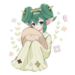 Rule 34 | 1girl, blush stickers, bow, double bun, eyelashes, flower bed lidelle, green bow, green hair, hair between eyes, hair bow, hair bun, hat, highres, holding, holding clothes, holding hat, horns, kashima miyako, lidelle (puyopuyo), long sleeves, looking at viewer, parted lips, pointy ears, puyopuyo, puyopuyo fever, ribbed sweater, short hair, sleeves past fingers, sleeves past wrists, solo, sun hat, sweater, unworn hat, unworn headwear, white sweater, yellow horns