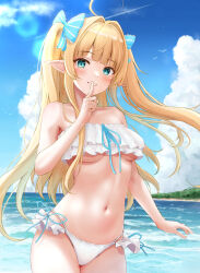 Rule 34 | 1girl, absurdres, ahoge, azur lane, bare shoulders, beach, bikini, blonde hair, bow, breasts, ca paria, centaur (azur lane), centaur (beachside undine) (azur lane), cloud, collarbone, commentary request, cowboy shot, day, finger to mouth, frilled bikini, frilled bow, frills, green eyes, hair bow, hair intakes, highres, index finger raised, long hair, looking at viewer, medium breasts, navel, ocean, official alternate costume, outdoors, pointy ears, shushing, smile, solo, stomach, swimsuit, twintails, underboob, white bikini