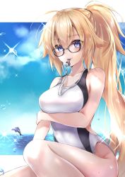 Rule 34 | 1girl, ahoge, black-framed eyewear, blonde hair, blue eyes, blush, breast hold, breasts, cloud, collarbone, commentary request, competition swimsuit, day, dolphin, fate/grand order, fate (series), glasses, hair between eyes, hane yuki, highres, jeanne d&#039;arc (fate), jeanne d&#039;arc (ruler) (fate), jeanne d&#039;arc (swimsuit archer) (fate), jeanne d&#039;arc (swimsuit archer) (second ascension) (fate), large breasts, long hair, looking at viewer, ocean, one-piece swimsuit, smile, solo, sparkle, swimsuit, thighs, very long hair, whistle, whistle around neck