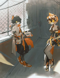 Rule 34 | 1boy, 1girl, aak (arknights), absurdres, animal ears, arknights, belt, black hair, black pants, body fur, bridal gauntlets, cat ears, china dress, chinese clothes, claws, coat, colored sclera, detached pants, dress, earrings, elbow gloves, fence, floor, full body, furry, furry female, furry male, gloves, grin, gun, hair between eyes, hand fan, handgun, highres, holding, holding gun, holding weapon, hood, hooded coat, jewelry, left-handed, looking at viewer, multicolored hair, open clothes, open coat, orange eyes, orange footwear, orange hair, orange tunic, pants, pelvic curtain, perorin, pistol, sandals, shoes, short hair, slit pupils, smile, snout, standing, streaked hair, tail, tiger ears, tiger girl, tiger tail, tinted eyewear, tunic, vent (object), waai fu (arknights), weapon, white coat, white hair, wide sleeves, wire, yellow-tinted eyewear, yellow sclera