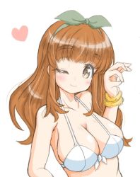 Rule 34 | 10s, 1girl, bikini, blunt bangs, blush, breasts, cleavage, closed mouth, commentary request, ehime (ehime mikan), front-tie bikini top, front-tie top, girls und panzer, green hairband, green ribbon, hair ribbon, hairband, heart, large breasts, long hair, looking at viewer, money gesture, one eye closed, orange eyes, orange hair, ribbon, simple background, smile, solo, swimsuit, takebe saori, upper body, white background, white bikini