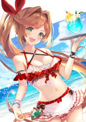 Rule 34 | 1girl, 2019, :d, aoi (kirabosi105), apron, bare shoulders, bikini, bikini skirt, blush, bracelet, breasts, brown hair, cherry, clarisse (granblue fantasy), cleavage, cloud, collarbone, copyright name, criss-cross halter, cup, day, drink, drinking glass, drinking straw, food, frilled apron, frilled bikini, frills, fruit, granblue fantasy, green eyes, hair intakes, hair ribbon, halterneck, head tilt, highres, holding, holding tray, jewelry, long hair, looking at viewer, medium breasts, navel, ocean, open mouth, orange (fruit), orange slice, outside border, plaid, plaid bikini, ponytail, red bikini, red ribbon, ribbon, skirt hold, sky, smile, solo, sparkle, stomach, swept bangs, swimsuit, tray, very long hair, waist apron, water, white apron, wristband