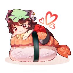 Rule 34 | 1girl, :3, animal ear fluff, animal ears, blush, brown eyes, brown hair, cat ears, cat tail, chen, closed mouth, dress, dungeon toaster, earrings, eyelashes, fish (food), food, green hat, hat, heart, highres, jewelry, long sleeves, looking at viewer, lying, mob cap, multiple tails, nail polish, nekomata, nigirizushi, on stomach, red dress, red nails, shirt, short hair, single earring, solo, sushi, tail, touhou, two tails, white shirt