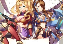 Rule 34 | 10s, 2girls, arm support, armor, bad id, bad pixiv id, beatrix (granblue fantasy), blonde hair, blue eyes, breasts, brown eyes, brown hair, cleavage, crop top, gauntlets, granblue fantasy, greaves, hair ornament, hairband, large breasts, lips, long hair, looking at viewer, midriff, miniskirt, multiple girls, navel, open mouth, polearm, ponytail, red armor, serious, shiyun, simple background, sitting, skirt, smile, spear, sword, thighhighs, twintails, weapon, zeta (granblue fantasy)