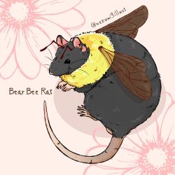 Rule 34 | animal focus, antennae, artist name, bee wings, english text, floral background, full body, grey fur, mouse (animal), nezumi3illust, no humans, original, pink background, simple background, twitter username, whiskers
