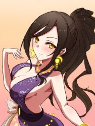 Rule 34 | 10s, 1girl, bare shoulders, blush, breasts, brown hair, cleavage, crescent, crescent earrings, dress, earrings, female focus, floral print, formal, from side, gradient background, himo, huge breasts, idolmaster, idolmaster cinderella girls, jewelry, large breasts, long hair, looking at viewer, mukai takumi, ponytail, purple dress, shiny skin, smile, solo, yellow eyes