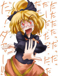 Rule 34 | 1girl, blonde hair, blush, breast hold, breasts, constricted pupils, covering privates, covering breasts, dress, embarrassed, face, fang, female focus, hair ribbon, highres, kurodani yamame, messy hair, naui kudan, nervous, open mouth, outstretched arm, outstretched hand, ponytail, reaching, red eyes, ribbon, screaming, simple background, sketch, solo, tears, touhou