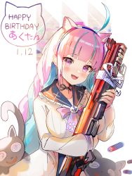 Rule 34 | 1girl, :d, ahoge, animal ear fluff, animal ears, apex legends, black sailor collar, black skirt, blue hair, blue hairband, braid, breasts, cat ears, commentary, dated, english commentary, frilled sailor collar, frills, hairband, happy birthday, highres, hololive, jacket, janyhero, long hair, medium breasts, minato aqua, minato aqua (sailor), multicolored hair, nail polish, neko (minato aqua), hugging object, open mouth, pink hair, purple eyes, sailor collar, shirt, shotgun shell, skirt, smile, twin braids, twintails, two-tone hair, very long hair, virtual youtuber, weapon request, white background, white jacket, white shirt