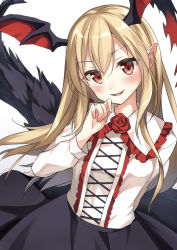 Rule 34 | 10s, 1girl, :d, bat wings, black skirt, blonde hair, blush, collared shirt, demon tail, fang, flower, frilled shirt collar, frills, granblue fantasy, hair between eyes, hand to own mouth, head wings, long hair, long sleeves, masuishi kinoto, open mouth, red eyes, red flower, red rose, rose, shima (shima je), shingeki no bahamut, shirt, simple background, skirt, smile, solo, tail, vampire, vampy, white background, white shirt, wings