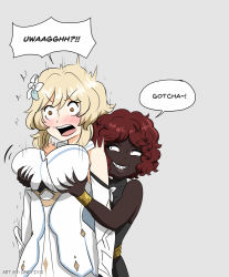 Rule 34 | 2girls, blonde hair, blush, grabbing another&#039;s breast, breasts, clothes, dark-skinned female, dark skin, english text, genshin impact, grabbing, grabbing from behind, grey background, interracial, large breasts, lumine (genshin impact), multiple girls, naughty face, open mouth, original, red hair, simple background, smile, speech bubble, surprised, umeyiyo