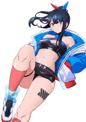 Rule 34 | 1girl, absurdres, black hair, black panties, black skirt, blue eyes, blue ribbon, blush, breasts, cleavage cutout, closed mouth, clothing cutout, floating hair, frown, gridman universe, hair ribbon, halterneck, hand in pocket, highres, jacket, knee up, leg tattoo, long hair, looking at viewer, medium breasts, microskirt, midriff, multicolored clothes, multicolored jacket, navel, official alternate costume, open clothes, open jacket, panties, pink socks, ponytail, ribbon, sasayama (ushijimaxxxxx), shiny skin, simple background, skirt, socks, solo, ssss.gridman, stomach, takarada rikka, takarada rikka (solarain toys), tattoo, thick thighs, thigh strap, thighs, underwear, upskirt, white background, white footwear
