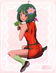 Rule 34 | 1girl, :d, absurdres, ahoge, ai-kun, bare shoulders, blush, border, breasts, china dress, chinese clothes, crease, dress, flower, green hair, hair flower, hair ornament, hair ribbon, high heels, highres, holding, lace, lace border, looking at viewer, looking back, macross, macross frontier, mamezuka takashi, official art, oosanshouuo-san, open mouth, ornate border, outline, pink background, polka dot, polka dot background, ranka lee, red eyes, red skirt, ribbon, salamander, scan, shoes, short dress, short hair, side slit, sitting, skirt, sleeveless, sleeveless dress, small breasts, smile, socks, spread legs, turtleneck, wariza