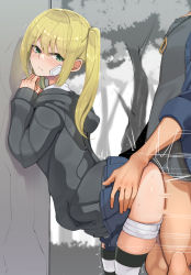 Rule 34 | 1boy, 1girl, against wall, ass, bandaged leg, bandages, bandaid, bandaid on face, bent over, blonde hair, blue skirt, blush, closed mouth, clothed sex, clothes lift, facing viewer, feet out of frame, green eyes, half-closed eyes, hanazawa suou, hetero, highres, hood, hoodie, joshikousei no mudazukai, legs together, long sleeves, looking back, medium hair, no panties, outdoors, park, pleated skirt, sex, sex from behind, shiny skin, skindentation, skirt, skirt lift, solo focus, speed lines, standing, standing sex, striped clothes, striped thighhighs, sweat, sweater, thighhighs, torso grab, tree, trembling, twintails, vaginal, yamamoto minami